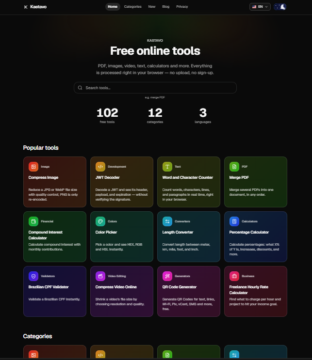 The Kastavo Home page with the tool search at the top